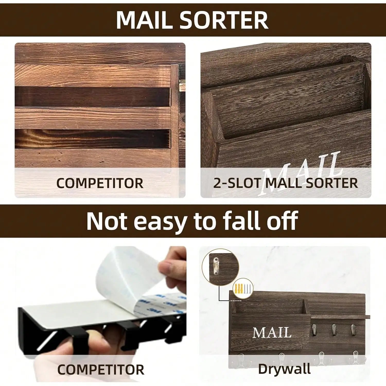 Wall Mount Key Holder & Mail Organizer — Multi-Function Entryway Shelf