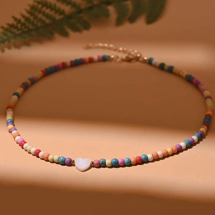 Obega Candy Color Heart Necklace — Mixed Turquoise Shell Bead Chain