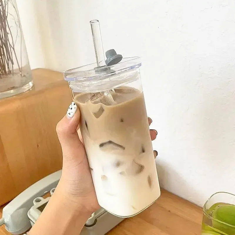 Square Glass Coffee Cup with Lid and Straw — Heat Resistant Drinkware