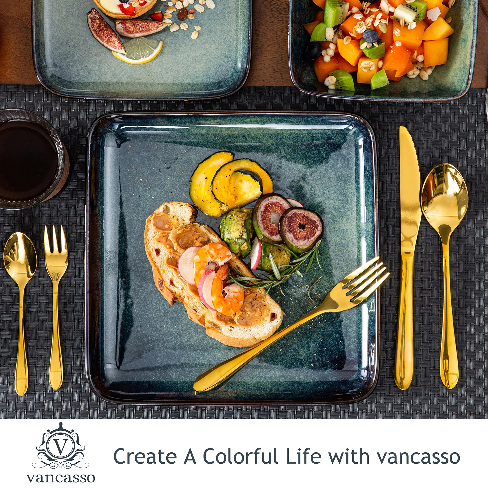 MALACASA Stern 16-Piece Dinnerware Set — Modern Square Ceramic Tableware