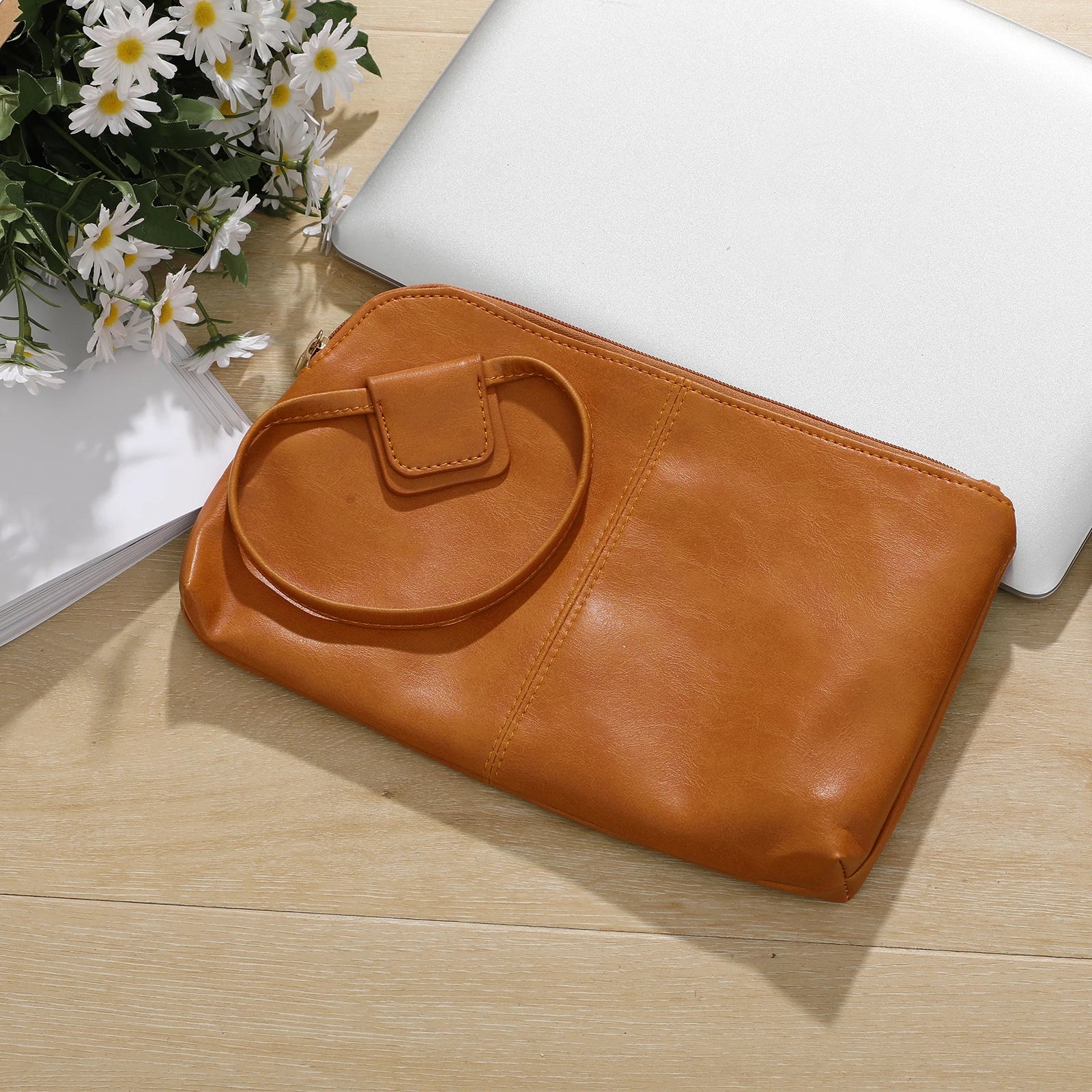 DANCURKEY Vegan Leather Wristlet Clutch — Elegant Evening Bag with Round Handle