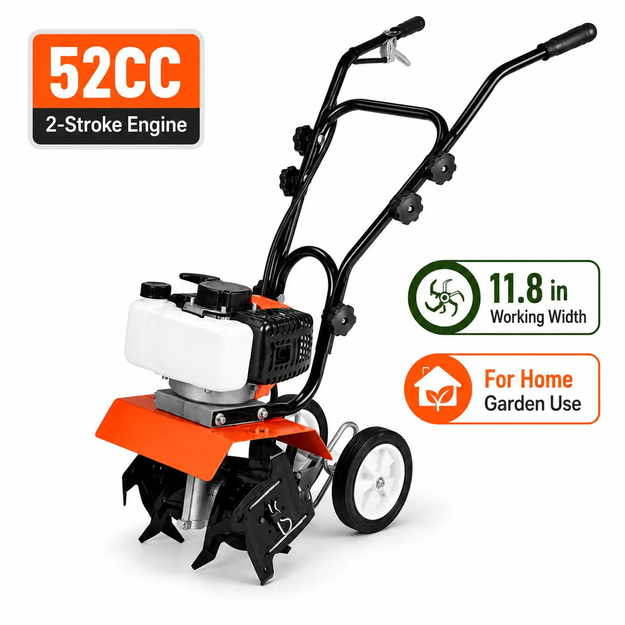 Gas Powered Garden Tiller — 52CC 2-Stroke Engine Soil Cultivator