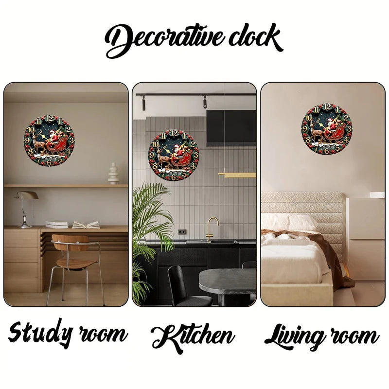 Wooden Santa and Reindeer Wall Clock — Silent Hanging Holiday Decor