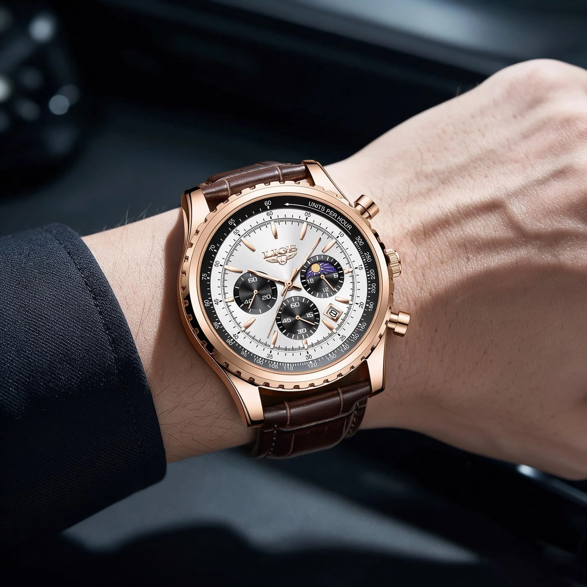 LIGE Luxury Men's Quartz Watch — Waterproof Leather Sport Chronograph
