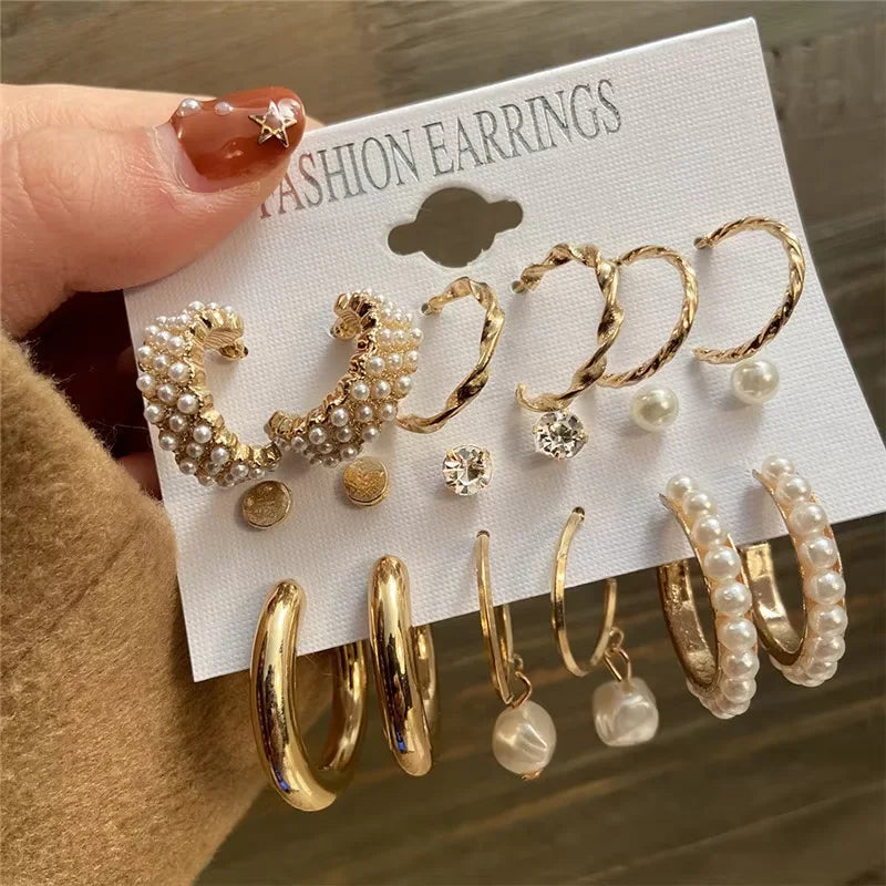 AY Geometric Hoop Earrings Set — Vintage Bohemian Pearl Drop Jewelry