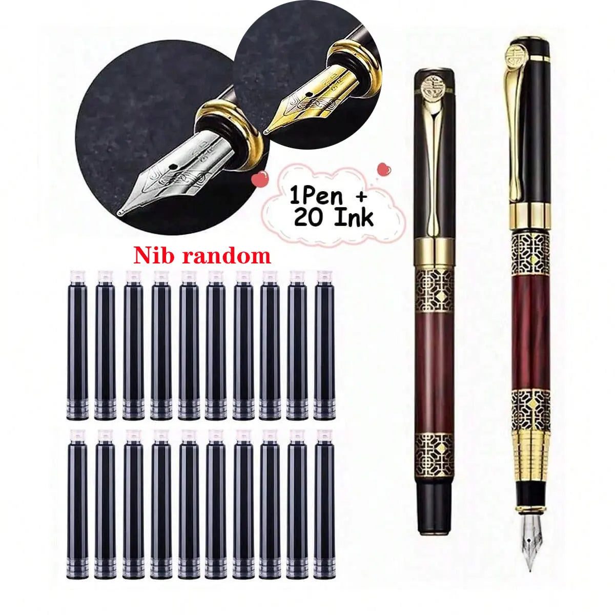 Retro Metal Fountain Pen — Elegant Writing Instrument with Wood Texture