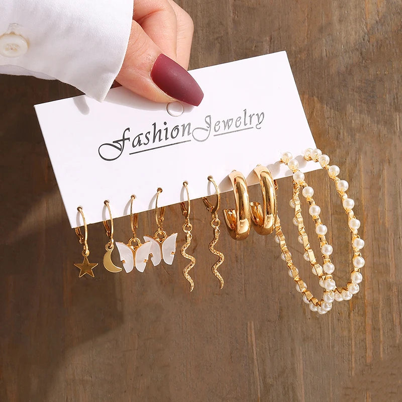 Vintage Geometric Pearl Earrings Set — Gold Tone Dangle & Stud Jewelry