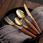 4-Piece Sapele Wood Handle Cutlery Set — Stainless Steel Knife Fork & Spoon