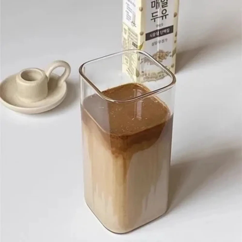 Square Glass Coffee Cup with Lid and Straw — Heat Resistant Drinkware