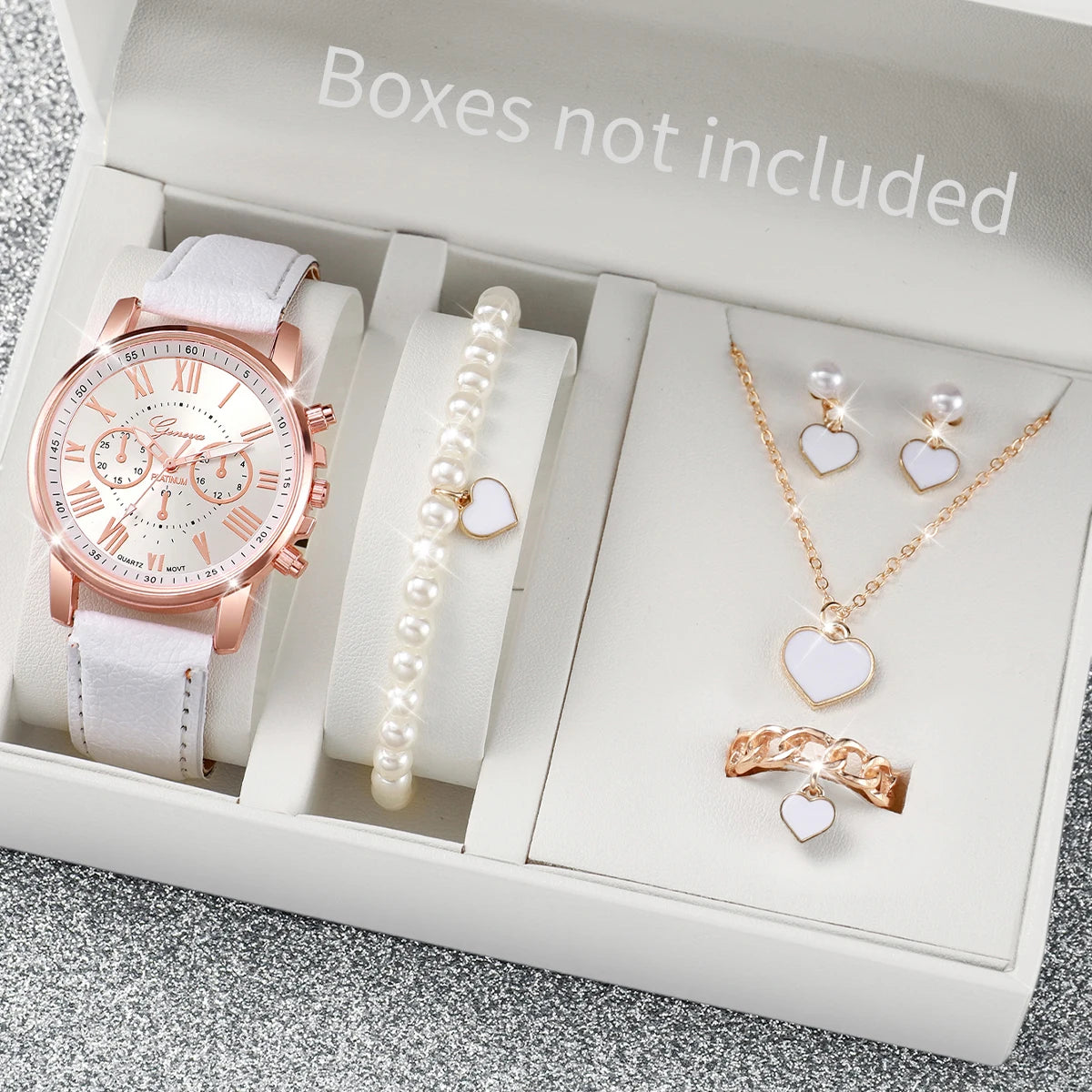 Women's Quartz Watch and Jewelry Set — Elegant Rhinestone Heart Accessories