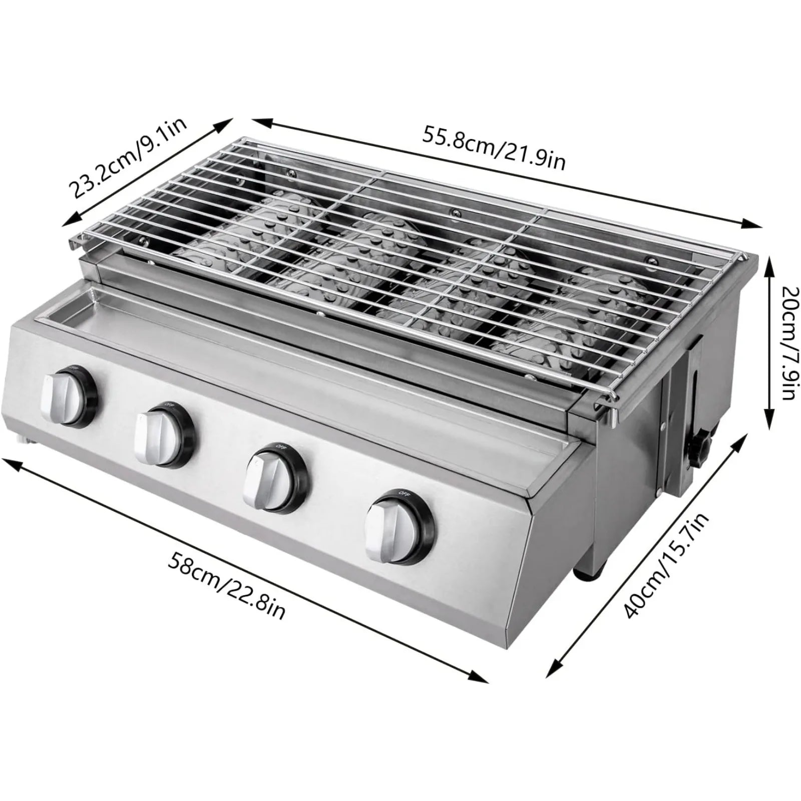 Professional 4-Burner Stainless Steel Gas Grill — Portable Smokeless Tabletop BBQ