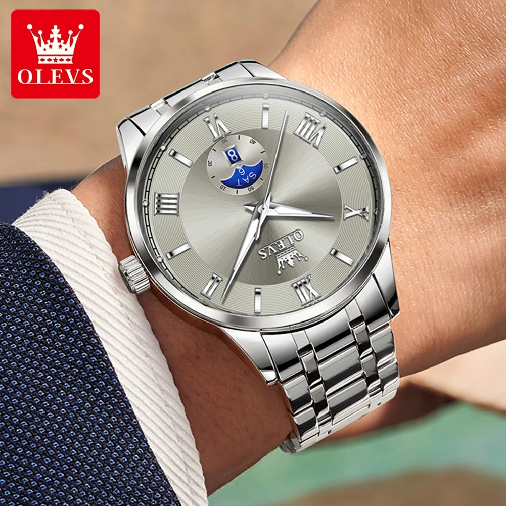 OLEVS 3638 Luxury Men's Quartz Watch — Stainless Steel with Day Date Display