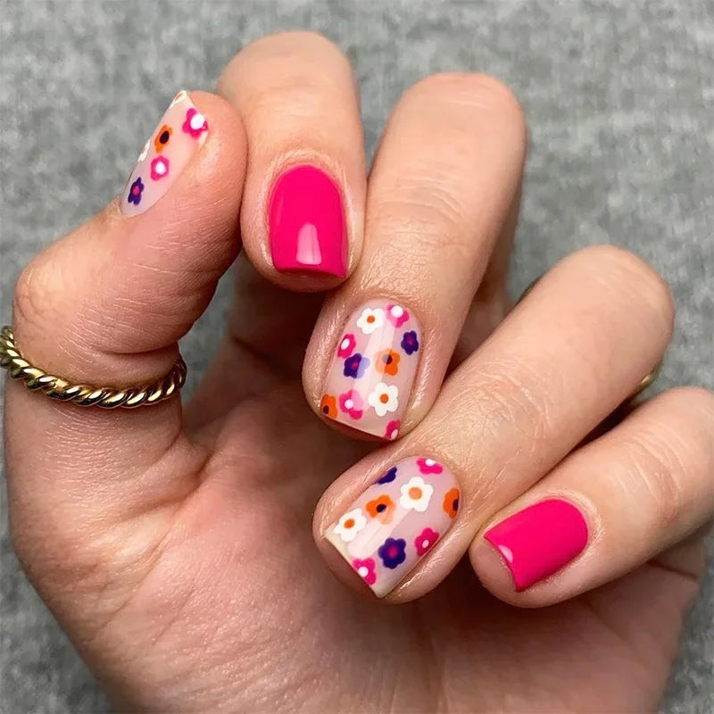 Pink Floral Press-On Nails — Short Almond French Tip Fake Nail Set