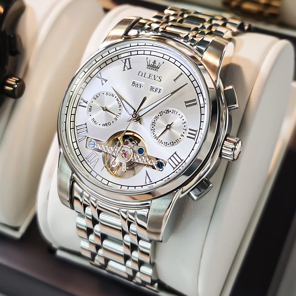 OLEVS 6607 Automatic Mechanical Watch — Business Skeleton Design with Stainless Steel Strap