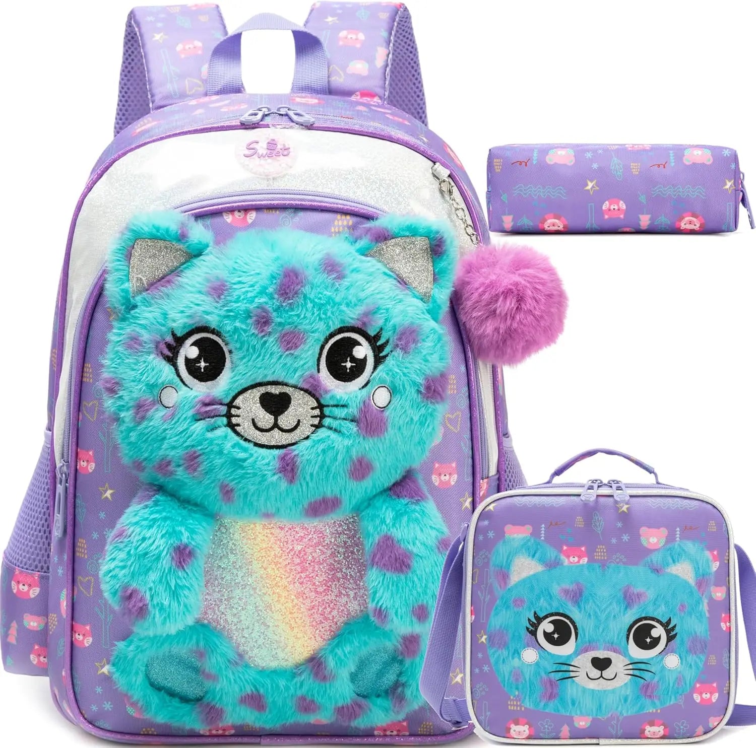 Cute Cartoon Plush Kids Backpack Set — School Bag with Lunch Box and Pencil Case