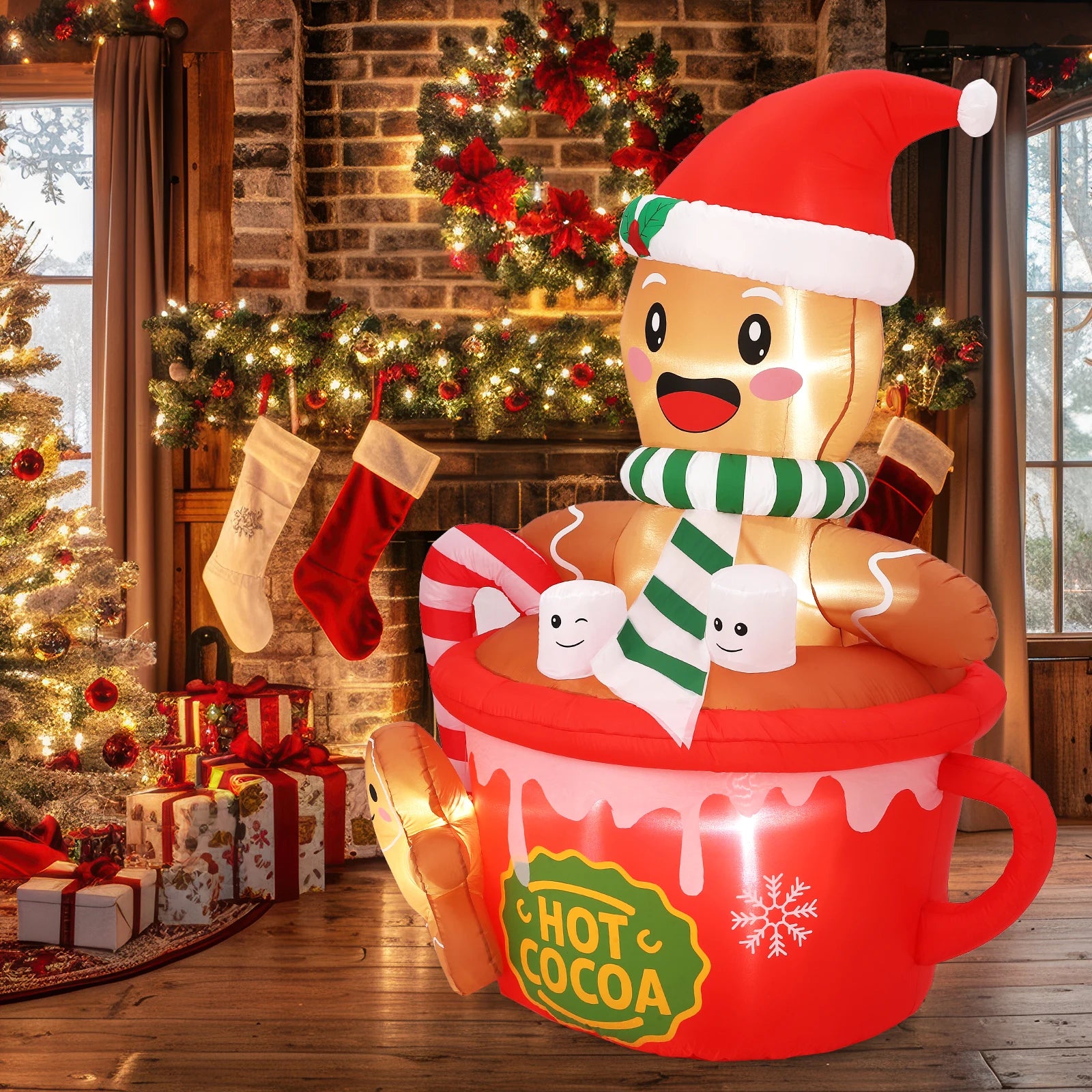 HiMISS 6ft Gingerbread Man Inflatable — Glowing Hot Cocoa Mug Yard Decor