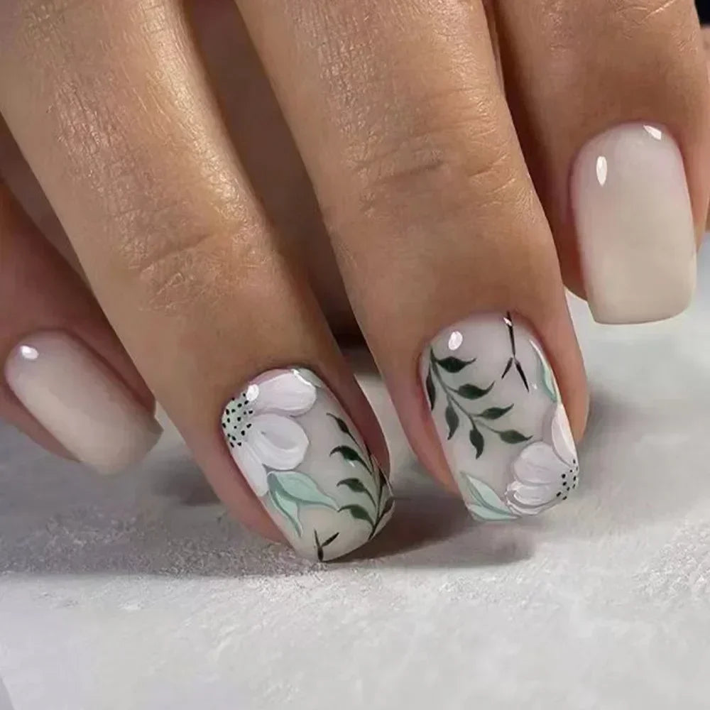Qsezeny French Tip Press On Nails — Short Coffin Style Frosted Fake Nails