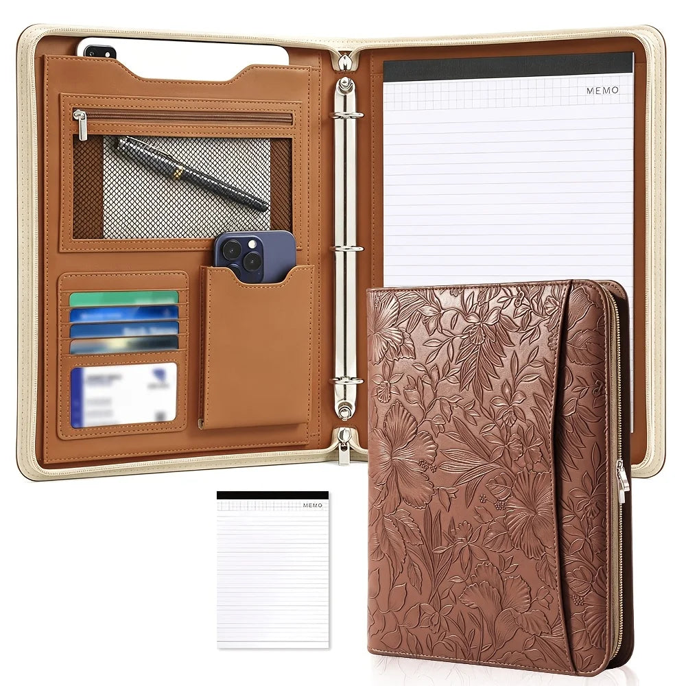 Embossed Faux Leather Padfolio — A4 Zipper Binder with Multi-Pocket Organization