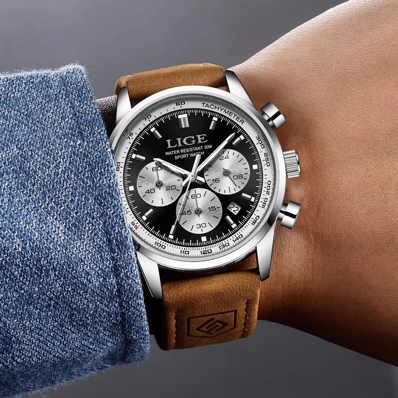 LIGE Men's Business Quartz Watch — Genuine Leather Chronograph Wristwatch