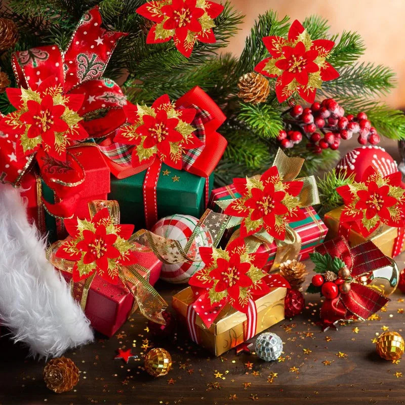Glitter Artificial Poinsettia Flowers — Festive Holiday Tree Ornaments