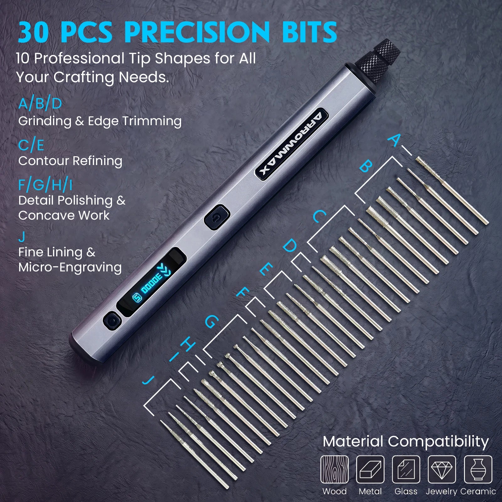 ARROWMAX Cordless Engraving Pen Kit — 30000 RPM Rotary Tool with 30 Bits