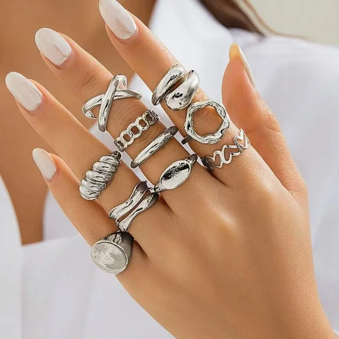 12-Piece Geometric Ring Set — Adjustable Punk Style Metal Jewelry