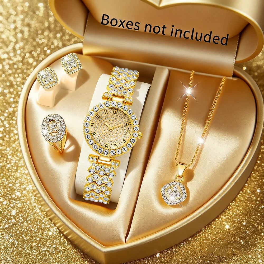 Luxury Rhinestone Jewelry Set — Elegant Quartz Watch & Accessories