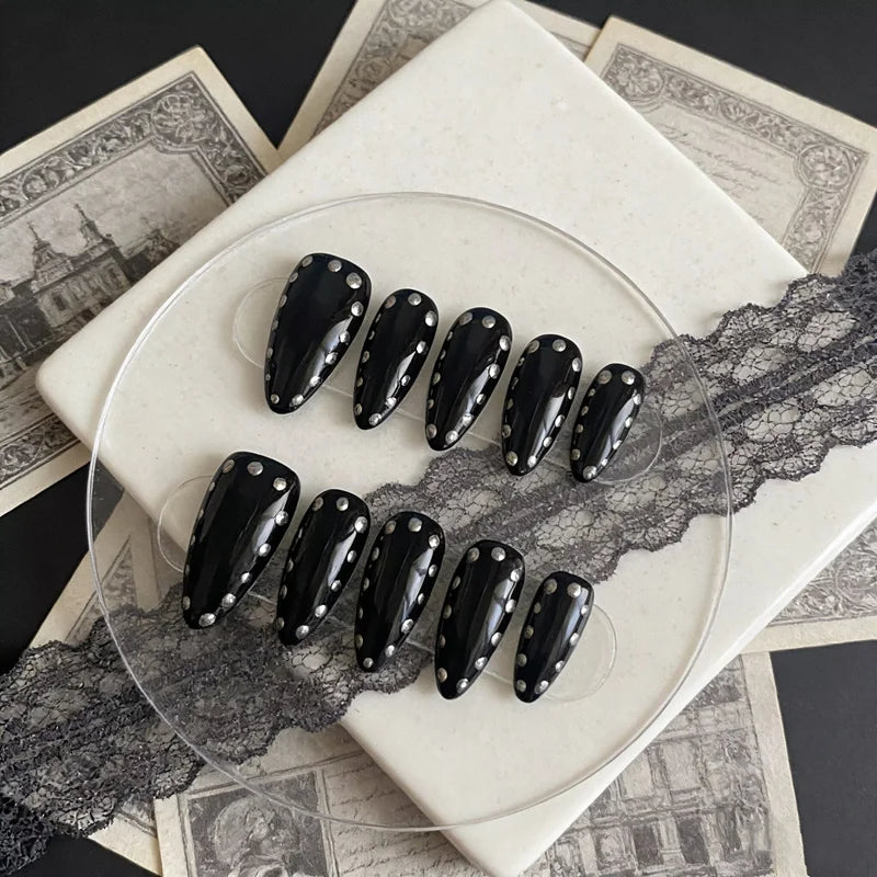 Handmade Black Gothic Press On Nails — Luxury Rock-Chic Almond Manicure