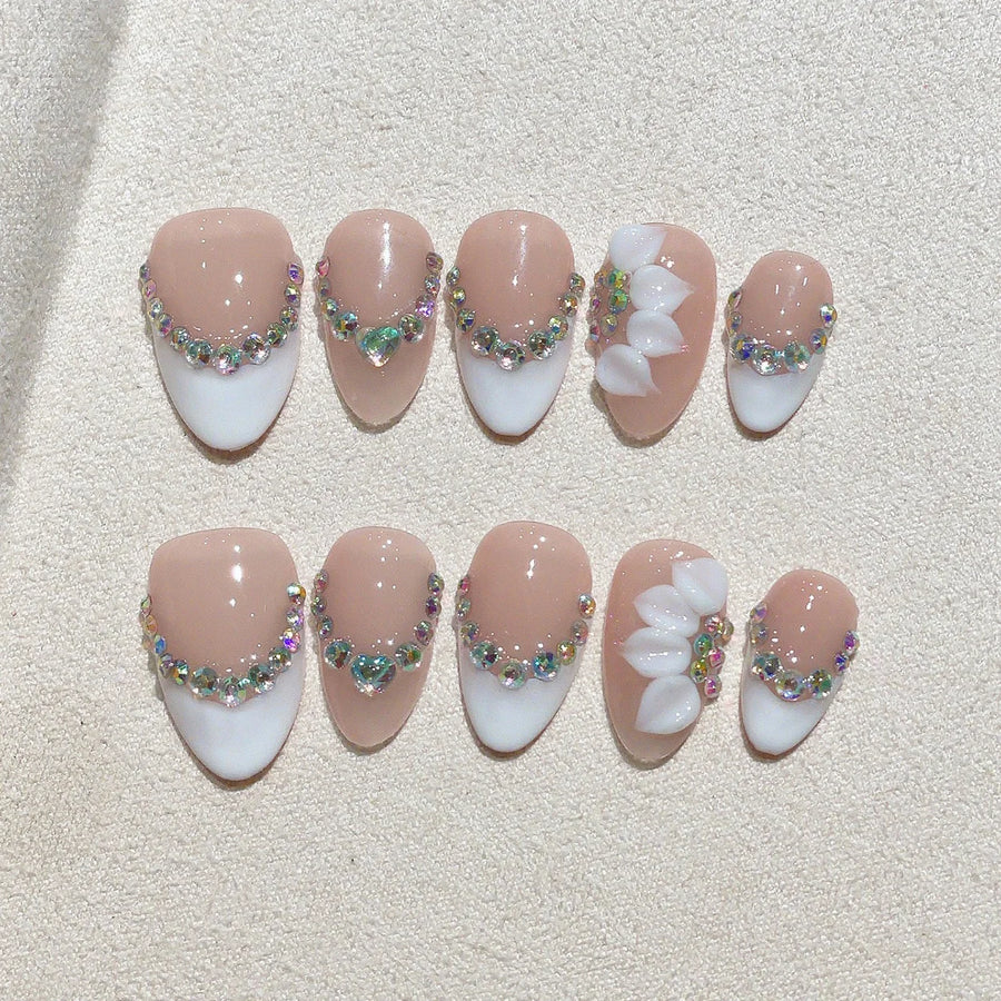Handmade Short Almond Press On Nails — White and Nude Floral Nail Art Kit