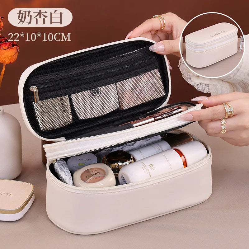 Double Layer Cosmetic Bag — Large Capacity PU Leather Makeup Organizer