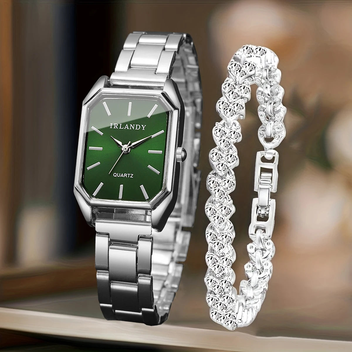 Women's Rectangle Quartz Watch and Rhinestone Bracelet Set — Elegant Jewelry Duo