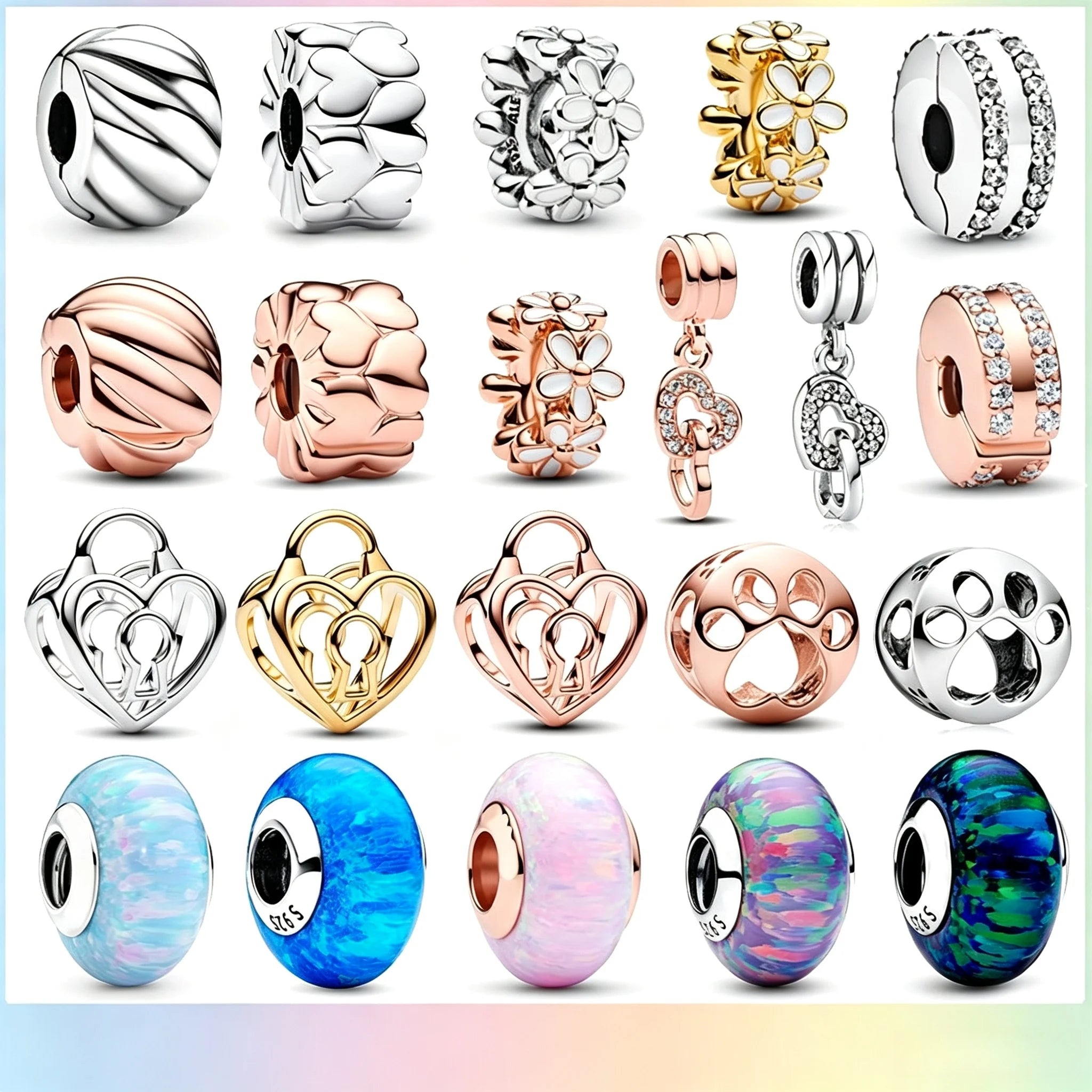 Potdemiel Rose Gold Glass Bead Pendant — 925 Silver Zircon Jewelry Component