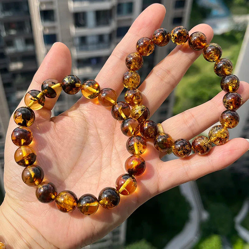 Yoowei Natural Baltic Amber Bracelet — Round Piebald Gemstone Jewelry