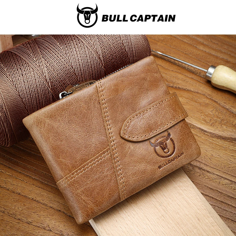 BULLCAPTAIN Genuine Leather Wallet — RFID Blocking Men's Short Bifold