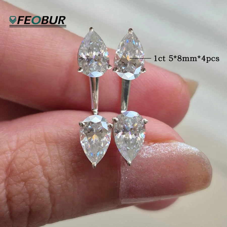 FEOBUR Moissanite Pear Cut Ear Jackets — 925 Sterling Silver Waterdrop Studs