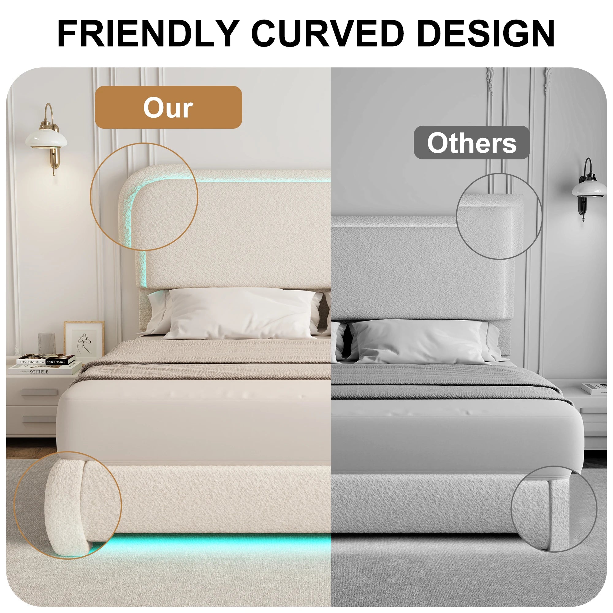 SIBEDS Teddy Fleece Upholstered Bed Frame — Modern Cloud Design with LED Lights