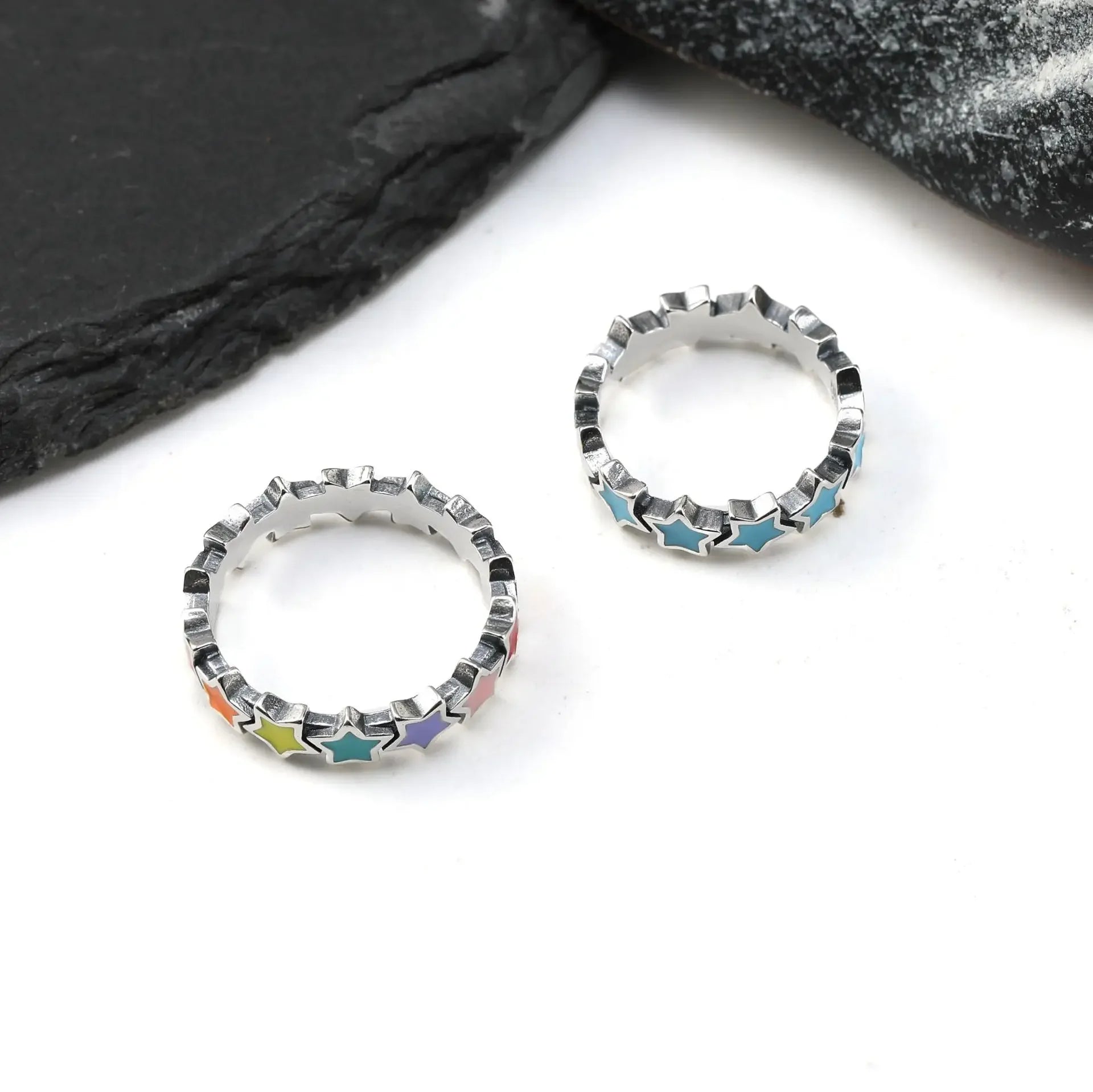 Sterling Silver Rainbow Star Ring — Vibrant Enamel Statement Band