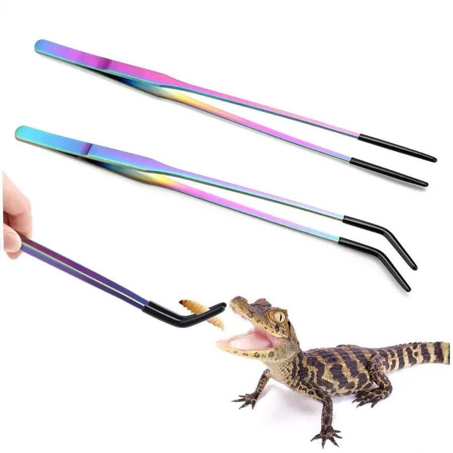 Stainless Steel Reptile Feeding Tongs — Straight and Curved Set with Rubber Tips