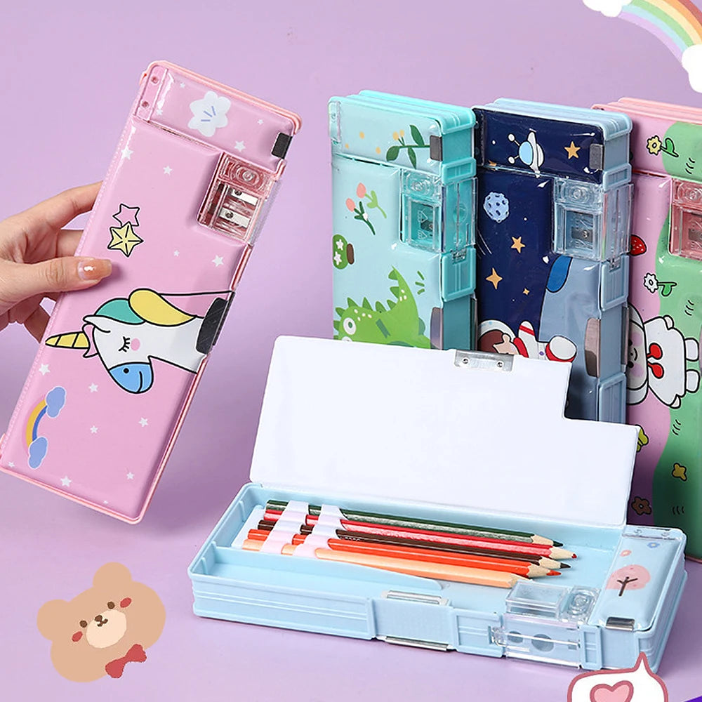 Cartoon Stationery Pencil Case — Cute Plastic Storage Box with Sharpener