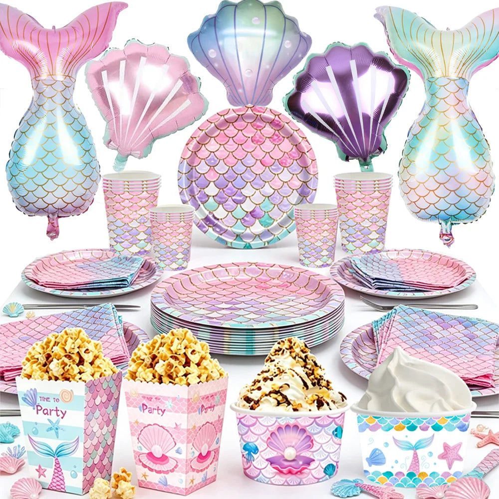 Mermaid Scales Pattern Party Supplies — Disposable Tableware Decor Set