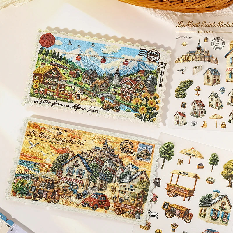 Cartoon Travel Scene Stickers — Reusable PET Decals for DIY Crafts