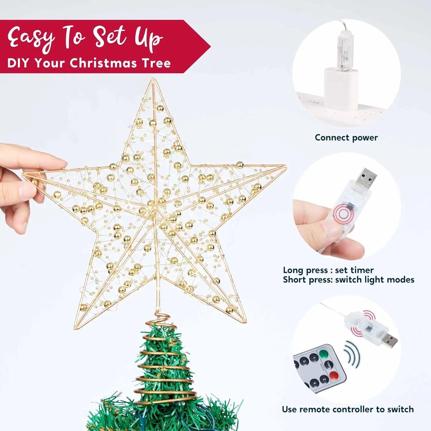 Golden Metal Beaded Star Tree Topper — LED Warm White Lights & Remote Control