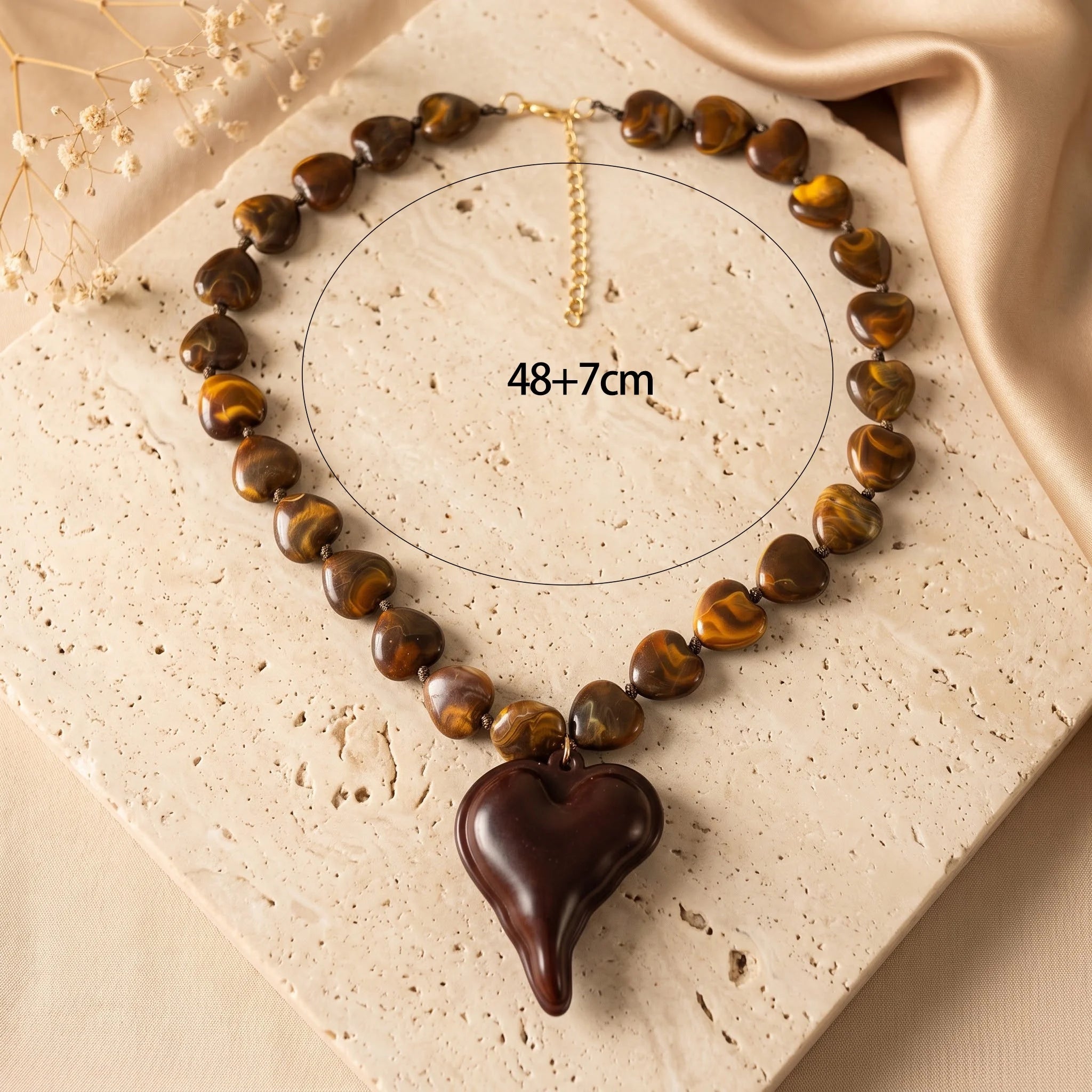 Obega Vintage Brown Heart Pendant Necklace — Boho Tiger Stripe Beaded Choker