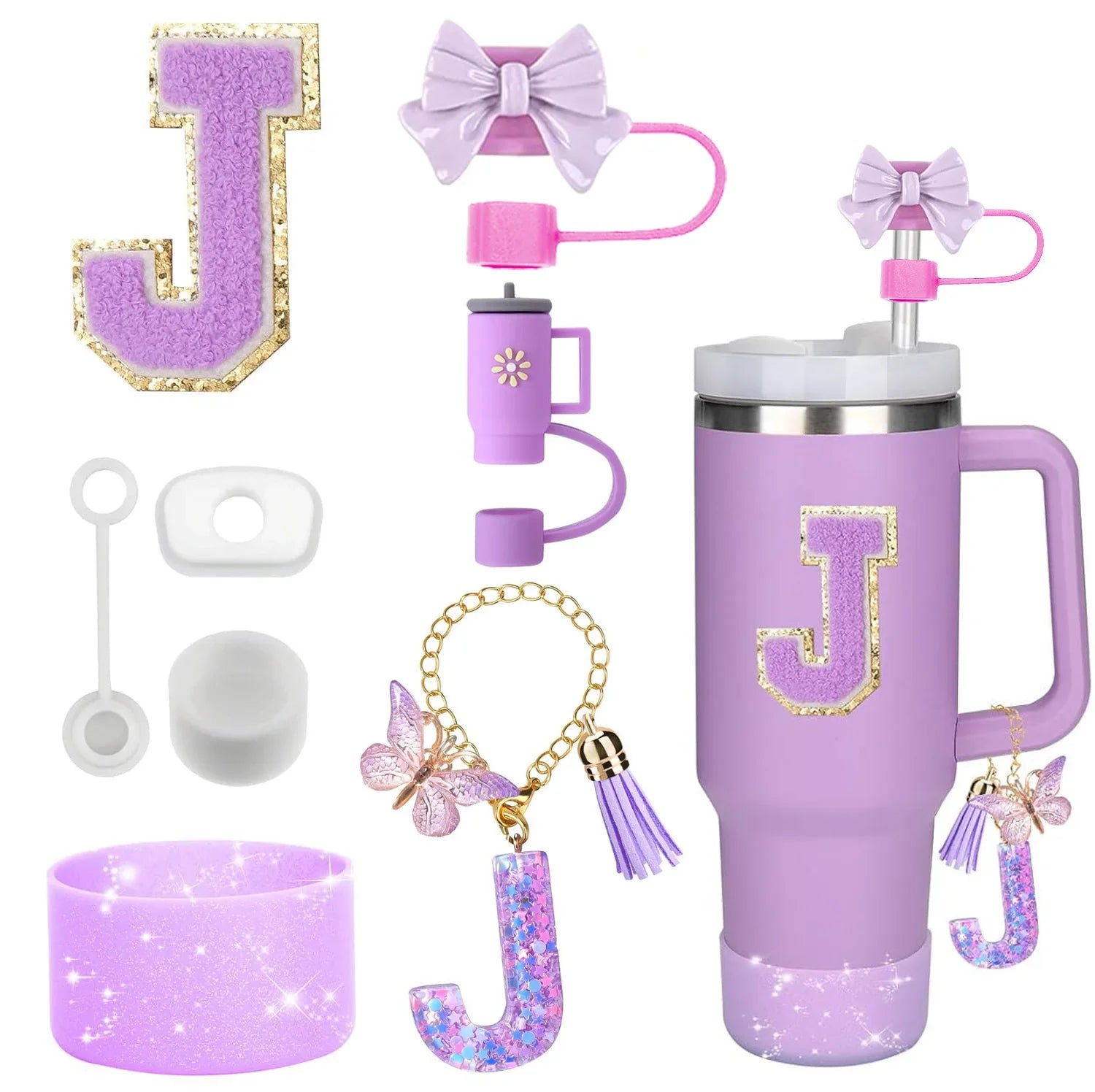 8-Piece Purple Tumbler Accessory Set — Silicone Straw Topper & Personalized Charms