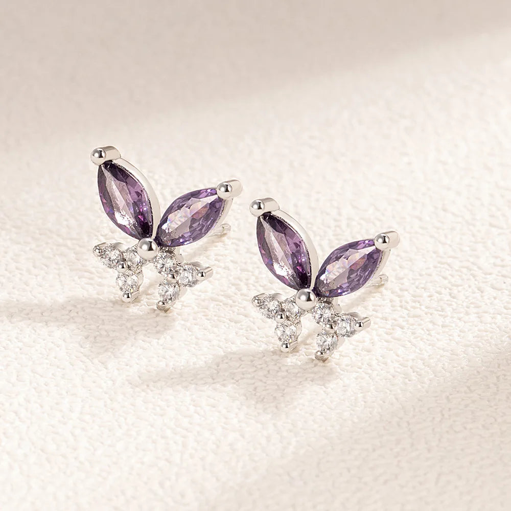 Sterling Silver Butterfly Stud Earrings — Purple Zircon Insect Jewelry