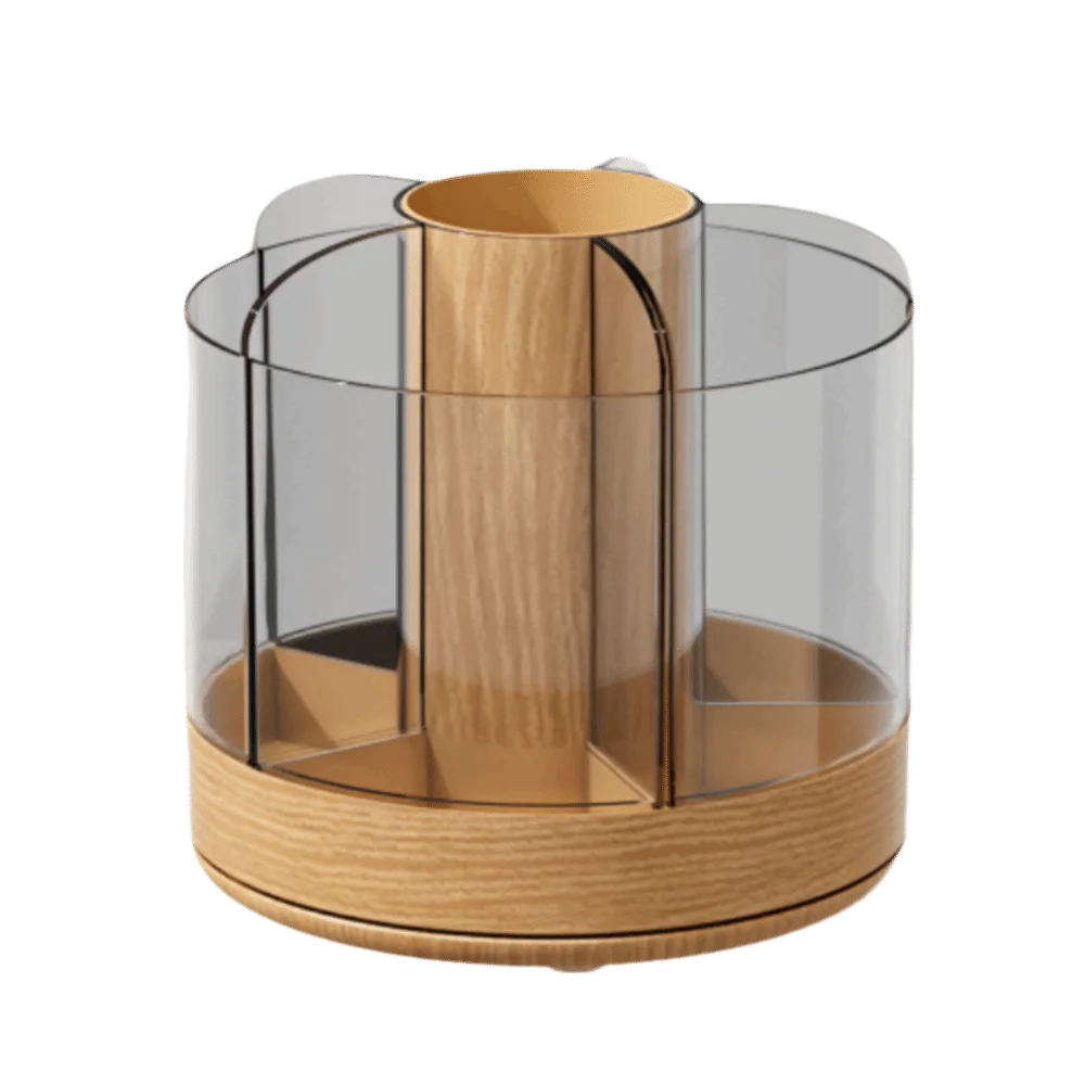360 Rotating Makeup Organizer — Multi-Compartment Woodgrain Desktop Storage