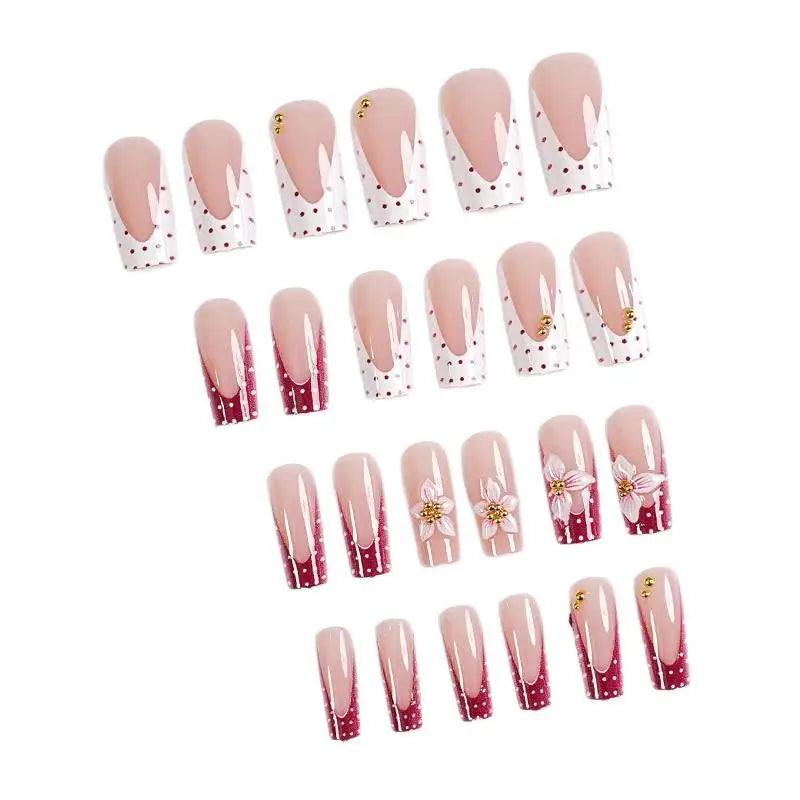 Cappuvini Floral and Polka Dot Press On Nails — Long Coffin Style Manicure Set
