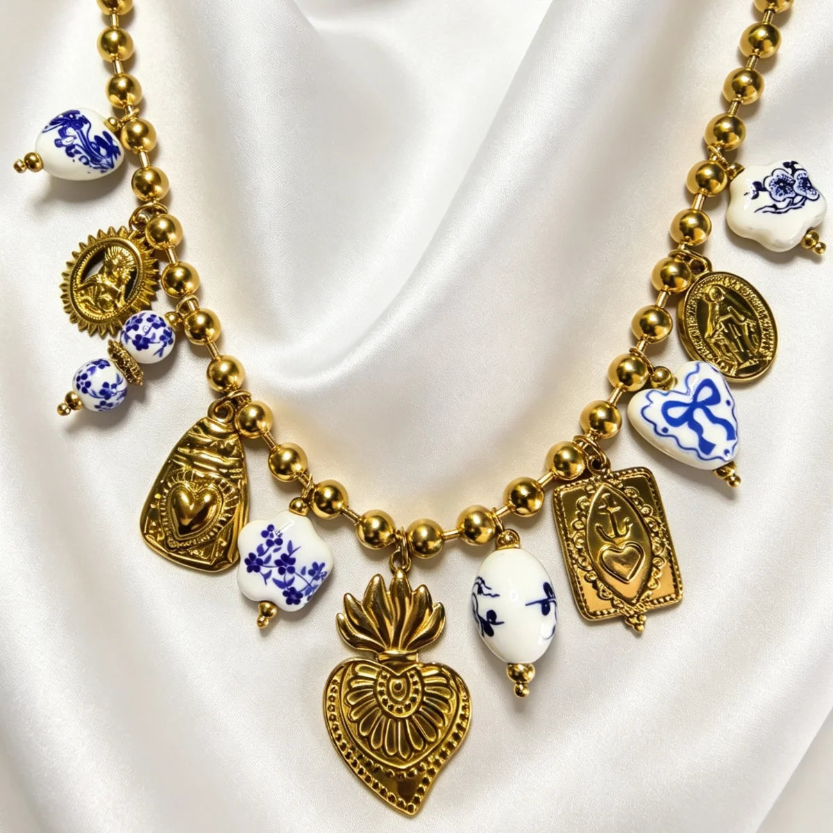 Obega Boho Porcelain Beaded Necklace — Sacred Heart Statement Jewelry
