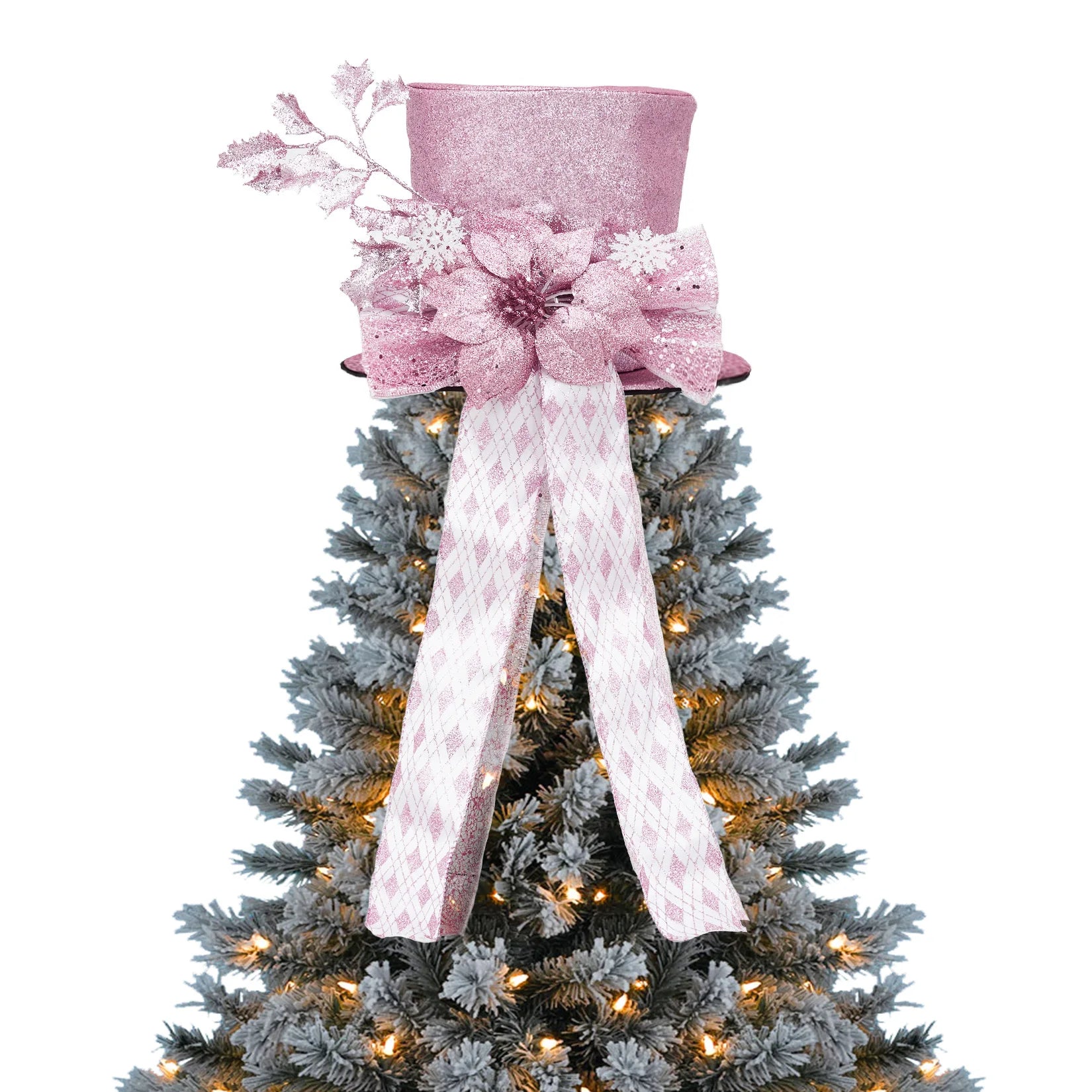 EliteZ Glitter Christmas Tree Topper Bow — Decorative Spruce Branch Accent