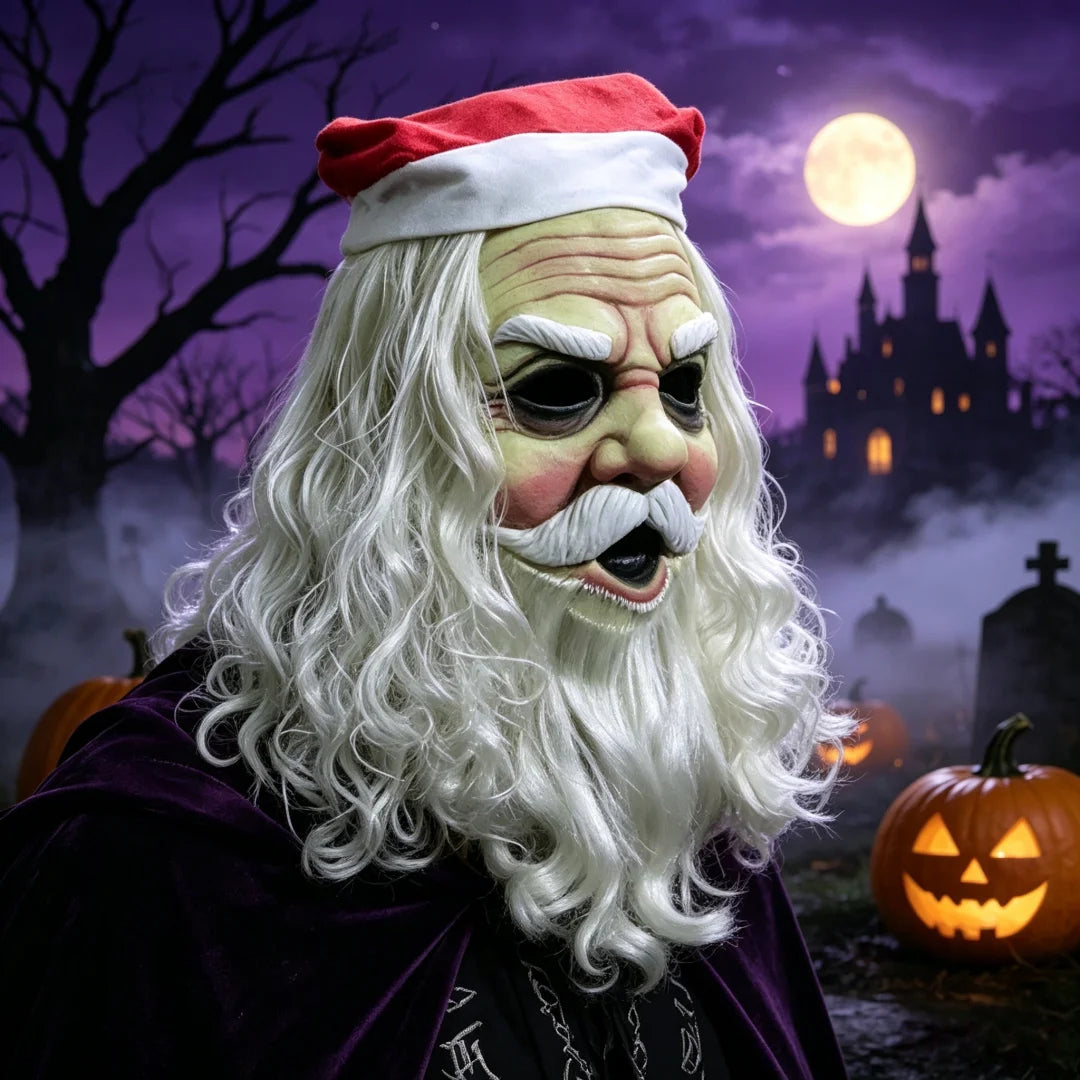 Santa Claus Style Full Head Mask — Includes Hat, Wig & Beard for Cosplay
